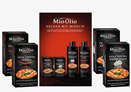 Mio-Olio 04110 Rezeptbuch & 20 Knoblauch-Öl & 20 Scharfes Chili-Öl | Zum Würzen von Speisen | 100% Original-Rezeptur | Ohne Konservierungsstoffe | 7.5 ml Je Portionsbeutel, 1er Pack (1 x 300 ml)